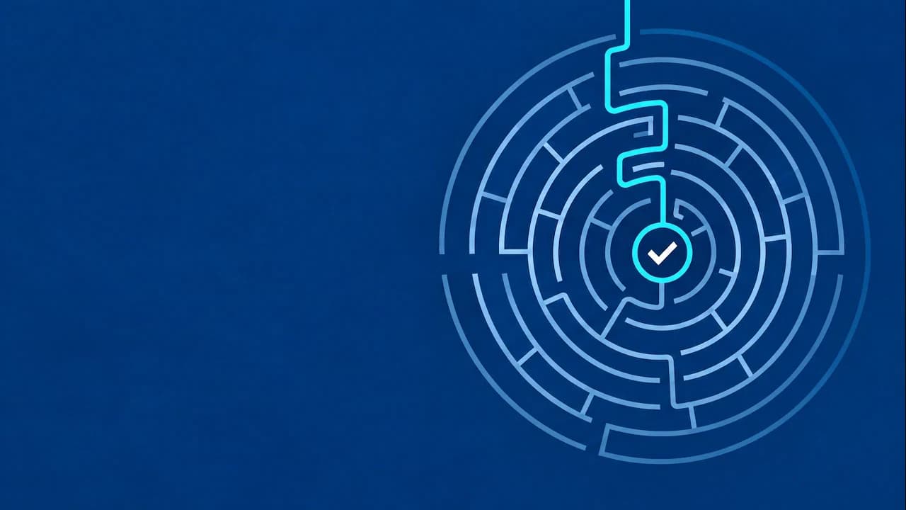 A cyan route through a circular maze reaches a checkmark.